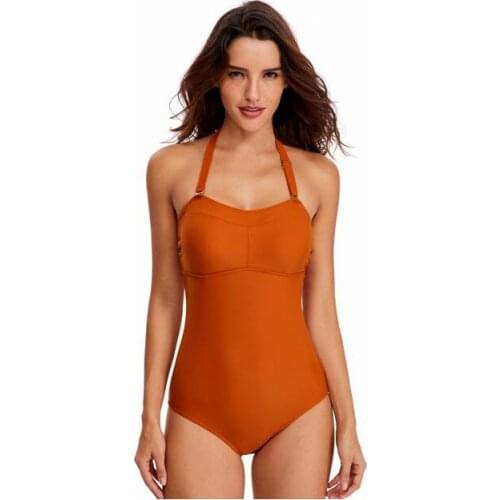 2019 New Halterneck Women Sexy Stylish One Piece Padded Swimsuit Navy Blue/Rusty Red Monokini Swimwear Beach Bathing Suit Large