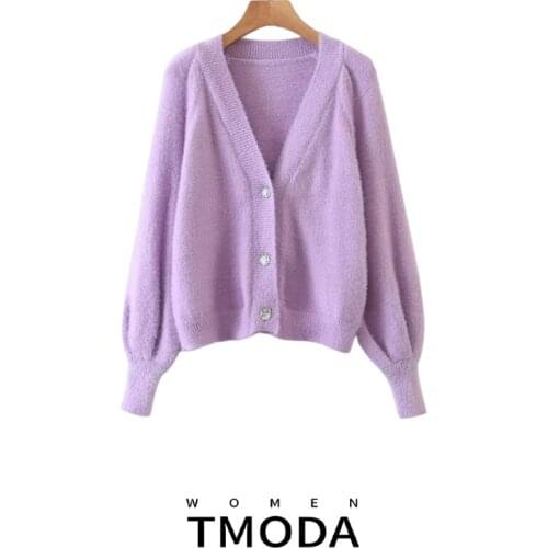 TMODA ZA Mohair Cardigan Sweaters 2020 V-Neck Solid Colour Women Button Sweater Kawaii Cardigan Knitting Long Sleeve Jacket