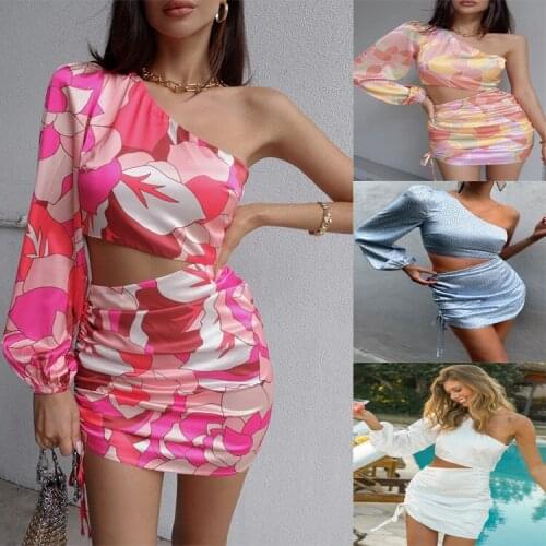 Women Dress Print Skew Neck Hollow Out Drawstring Skinny Mini Dress Female Single Sleeve Sexy Lady Faldas Mujer