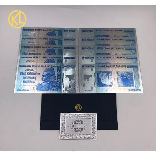 10pcs Silver Color Foil Banknote Blue Zimbabwe 100 Trillion Dollar Copy Money with Cerfiticate Card for game token money