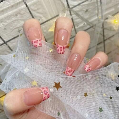 24pcs Pink Leopard Wear Long Paragraph Fashion Manicure Patch False Nails Save Time Wearable Jelly Nail Patch Nail Sticker