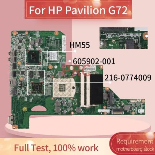 605902-001 605902-501 For HP Pavilion G72 Notebook Mainboard 01013Y000-575-G HM55 216-0774009 DDR3 Laptop Motherboard