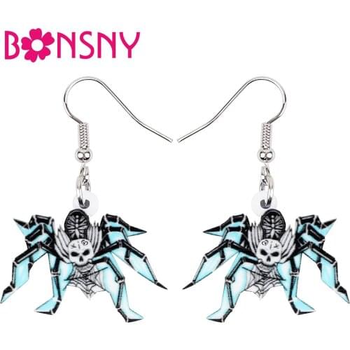 BONSNY Halloween Acrylic Blue Horror Skull Skeleton Spider Earrings Fashion Big Drop Dangle Magical Jewelry For Women Girls