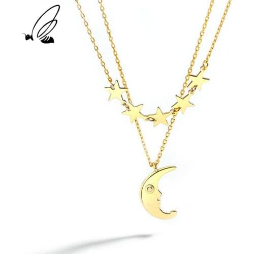 SSTEEL Minimalist Necklace Luxury Design Star Moon 925 Sterling Silver Clavicle Double Layer Pendants Accessories Fine Jewelry
