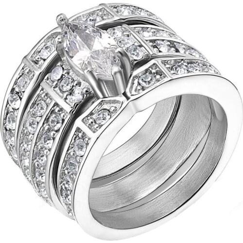 EAMTI Silver Color Stainless Steel Marquise Cubic Zirconia Wedding Ring Set Women Engagement Ring with Matching Channel Set