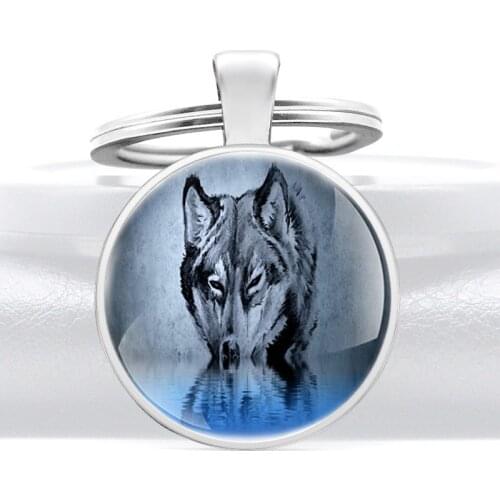 Classic Wolf Drinking Glass Dome Pendant Key Chain Charm Men Women Jewelry Gifts Key Rings