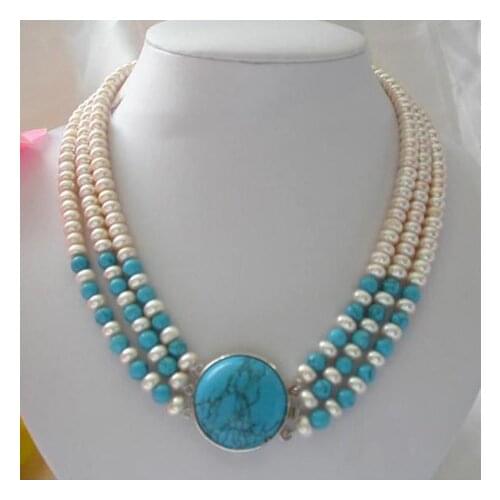 Classic Women Pearl Necklace 3rows 8mm White Real Freshwater Pearl Blue Lapis Lazuli Turquoise Jade Coral Agate Fine Jewelry