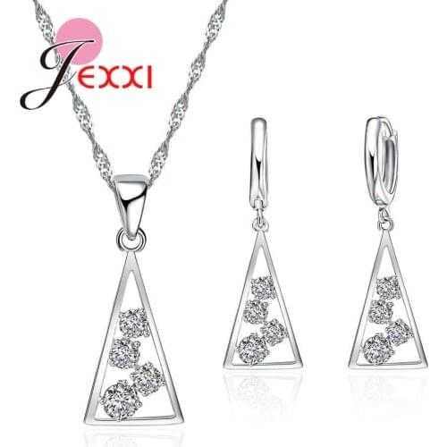 Trendy Fashion 925 Sterling Silver Cubic Zirconia Triangle Necklace Drop Earrings Bride Wedding Jewelry Sets