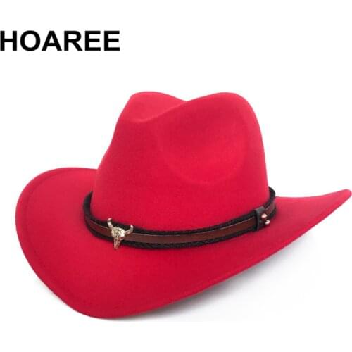 HOAREE Red Western Cowboy Hat Women Men Cow Gentleman Jazz Sombreros Hombre Cap Vintage Autumn Winter Elegant Lady Cowgirl Hats