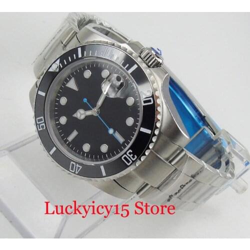 NH35 Mechanical Men Watch Stainless Steel Black Sterile Dial Blue Hand Mental Bracelet Ceramic Bezel Insert Sapphire Crystal