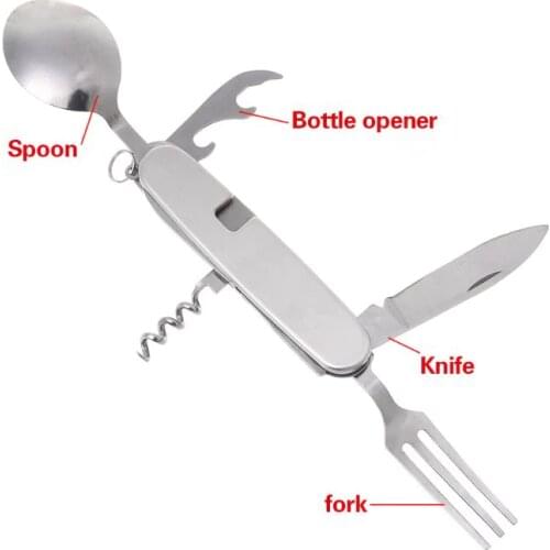 New 1 Pc Multifunction 6 in 1 Outdoor Camping Tableware Folding Knife Fork Spoon Bottle Opener EDC Tool Accessories