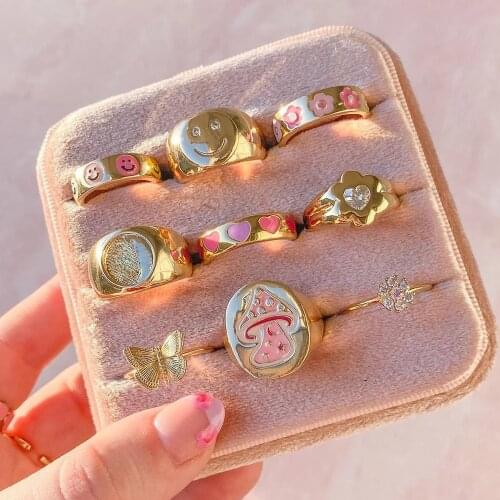Fashion Summer Colorful Enamel Flower Heart Happy Adorable Ring for Women Girls Party Stacking Eternity Gold Color Band Rings