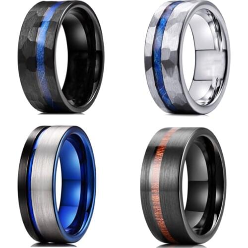 Mens Stainless Steel Blue Bevel Groove Wood Grain Ring Suitable for Engagement Wedding Fashion Jewelry Size 6-13 Wholesale