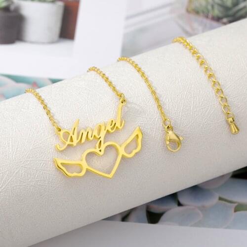 Custom Necklaces For Women Empty Heart Angle Wings Pendant Necklace Personality Chain Nameplate Necklaces Birthday Jewelry Gift