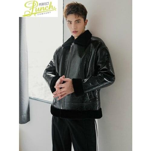 Real Genuine Men Winter Coat Natural Original Merino Wool Fur Jacket Shiny Motorcycle Leather Coats 19678