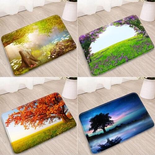 Scenery Bathroom Mat 3D Plants Flowers Autumn Trees Flower Field Farm Chair Green Red Leaves Moon Bedroom Kitchen Non-Slip Rugs