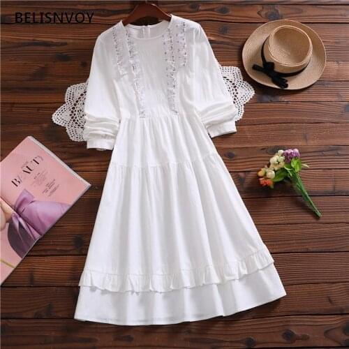 Mori Girl Autumn Spring Women White Dress Floral Lace Elegant Princess Fairy Dress Long Sleeve Cute Chic Midi Ruffles Dress