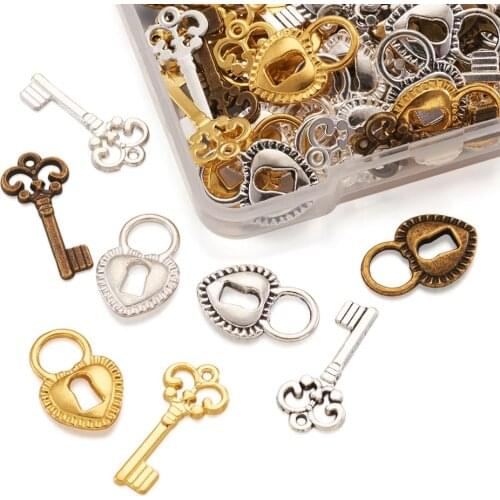 80pcs/Box Mixed Color Tibetan Style Key Heart Lock Love Alloy Pendants Charm for Necklace Pendant Bracelet Choker Jewelry Making