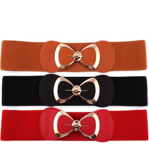 Gold Bowknot Buckle Belts Women Elastic Wide Belts for Women Girls Dress Sweater Coats Waist Belt Waistband