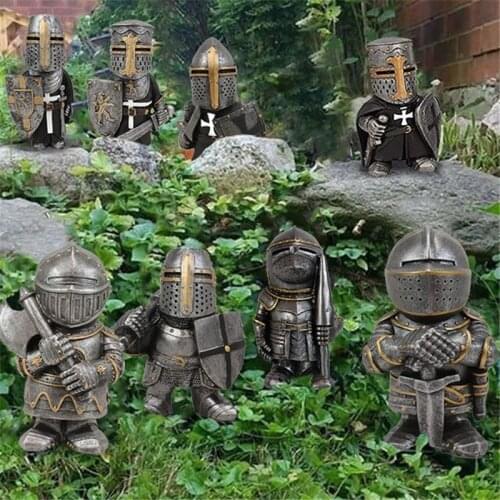 Knight Gnomes Statue Guard Cross Templar Crusader Figurine Suit Of Armor Miniature European Knight Sculpture Decor Ornaments
