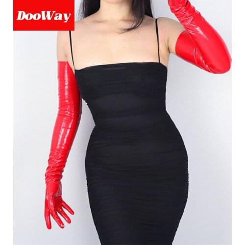 DooWay Sexy Women Shine Red Gloves Faux Patent Leather Wet Look Cosplay Costume Wedding Party Lady Gloves (Red70cm)
