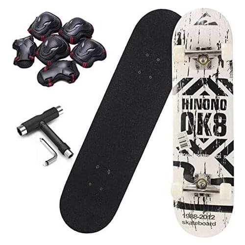 Skateboard 31"X8", 7-Layer Imported Maple Skateboard Double Rocker Type ABEC-7 Bearings, with Protective Gear and T Tools