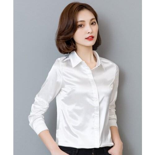 TingYiLi Spring Autumn Satin Blouse Women Champagne Blue Red Black White Long Sleeve Blouse Shirt Elegant Office Ladies Shirts