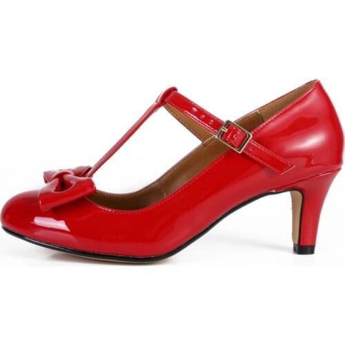 Fashion High Heels Shoes Woman Pumps Black Red Heels Girls Sweet Bow-tied T-Straps dancing Wedding Office Shoes Plus Size 48