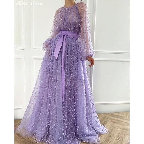 Light Purple Evening Dress Tulle Beading illusion Long Fluffy Sleeves Simple Floor Length New Prom Dress вечернее платье 2020