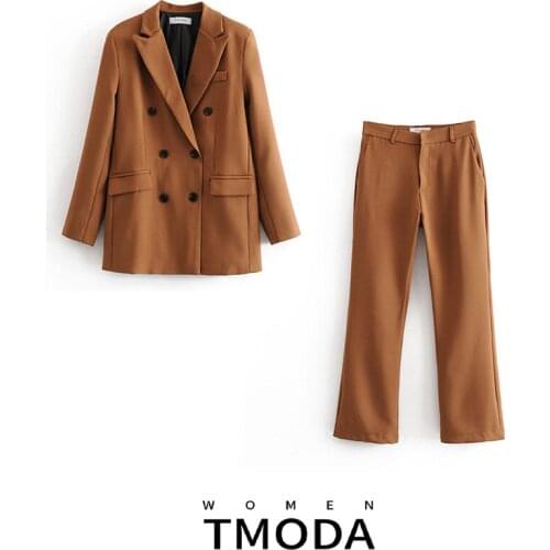 TMODA669 2021 Spring Ladies Suit Set Formal Two Piece Sets for Women Blazer Double Breasted Work Jacket Coat + Suit Long Pants