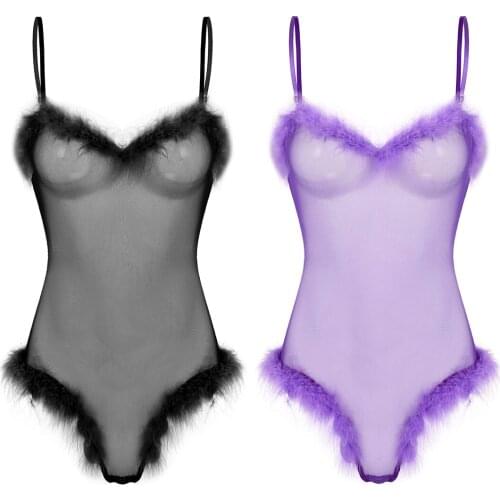 Womens Lingerie Teddies Bodystocking Bodycon Feather Trimming See-through Mesh Bodysuit Catsuit Spaghetti Strap Party Costume