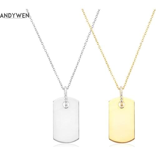 ANDYWEN 925 Sterling Silver Gold Square Pendant Long Chain Necklace Simple Women Fashion Crystal Zircon Wedding Party Jewelry