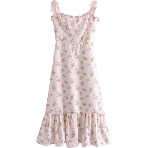 2021 Spring New Slim French Retro Pastoral Floral Printed Ribbon Bandage Sling Dress Women