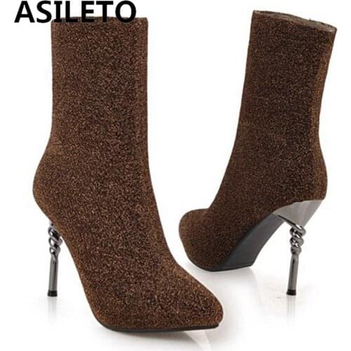 ASILETO 2021 Sexy High Heels Stiletto Ankle Short Boots Elastic Sock Glitter Fabric Party Pointed Toe Black Big Size 43 S2485
