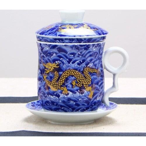 Free shipping Chinese style porcelain tea set coffee saucers and mugs Chinese blue cloud dragon Royal imperial cup