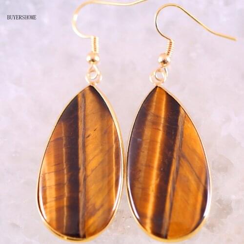 Free Shipping Natural Stone Gold Tigers Eye Water Drop Beads Dangle Earring 1Pair U026