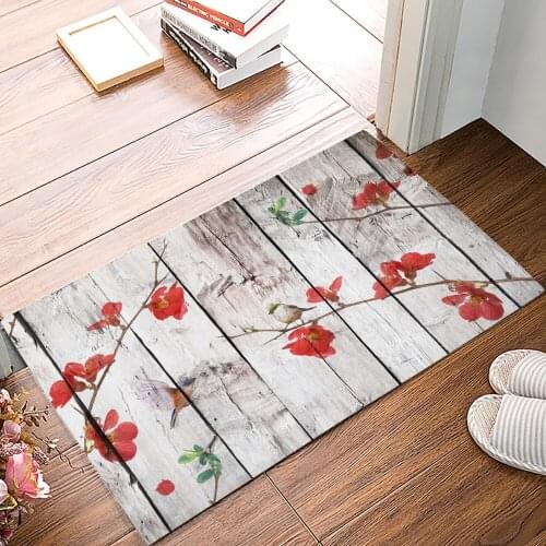 Wood Grain Bird Red Flowers Family Doormat Kitchen Living Room Floor Rug Bathroom Non-slip Foot Mat Entrance Hall Welcome Carpet