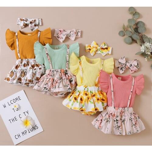 Newborn Kids Baby Girls 3PCS Sets Floral Printed Clothes Knitted T shirt Tops Suspenders Shorts Headband Outfit Set Summer New