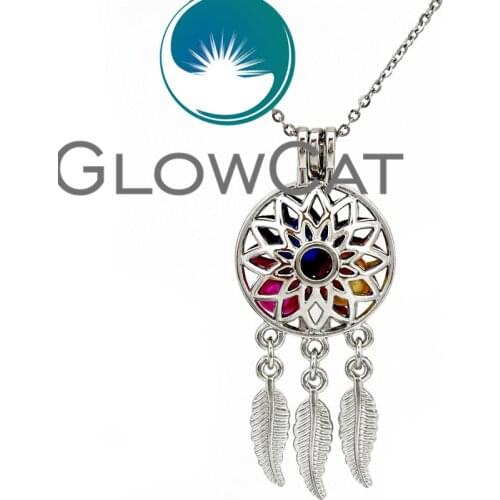 GLOWCAT KK679 Silver Dream Catcher Mandala Leaf Beads Cage Locket Pendant Perfume Essential Oil Diffuser Pearl Cage Necklace