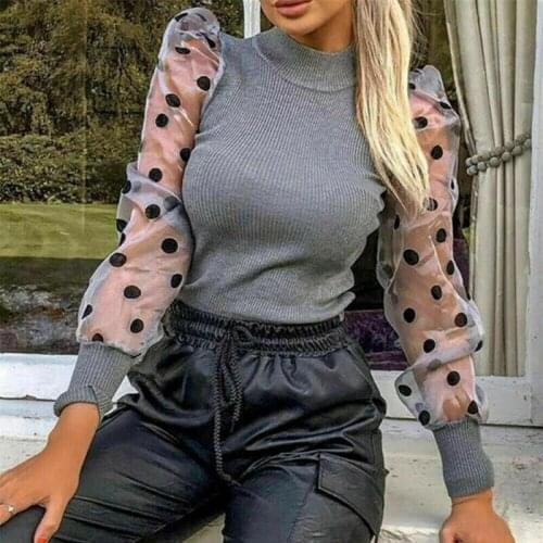 Hirigin Autumn Women Ladies Fine Ribbed Spotted Polka Dots Print Long Mesh Puff Sleeve Shirt Jumper Top Fashion Clothes