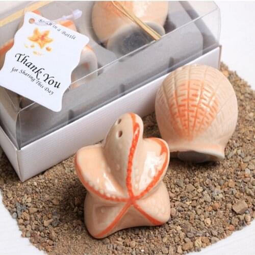 【KATEROSE】Seashell&Starfish Ceramic Salt and Pepper Shakers Beach Themed Party Giveaways For Guest