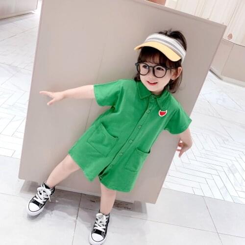 Summer new 2-7 year old baby girl embroidery watermelon pattern knitted solid color jumpsuit short sleeve childrens clothing