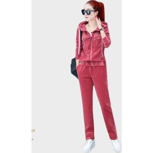 Trending Products Lady clothes set Tracksuit Corduroy Sporting suit female 2 piece set Hooded Spring / autumn Tops + pants 014