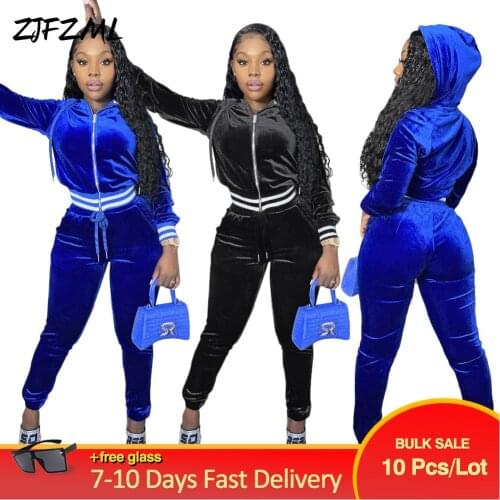 Bulk Items Wholesale Lots Velour Two Piece Set Casual Simple Zipper Up Hooded Sweatshirt+workout Jogger Sweatpant Club Outfits