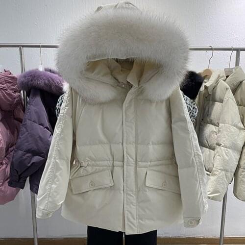 2021 Winter Womens White Duck Down Jacket Big Real Fox Fur Hooded Warm Down Parkas Hight Quality Female Loose Coat