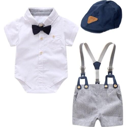 Summer Short sleeve Print Shirts Romper Clothing Set Baby Boy Clothing Baby Girl Clothes Set Romper+Pants+Cap+Bow tie 4pcs/set