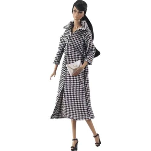 Fashion Doll Clothes Handbag Houndstooth Plaided Parka Jacket for Barbie Outfits Coat Winter Dress 1/6 BJD Dolls Accessories Toy