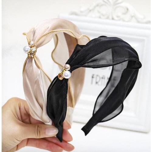 New Fresh Spring Women Hairband Satin Bright Silk Fabric Rhinestone Pearl Headband Lace Luxurious Turban Adult Hair Accessories