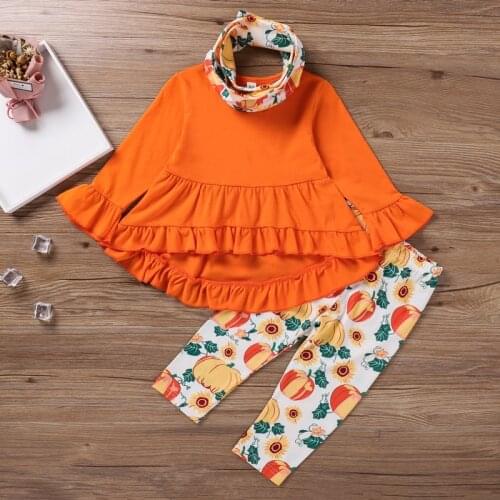 New Halloween Clothes Kids Clothes 3 Pieces Solid Ruffles Long Flare Sleeve Tops+pumpkin Sunflower Print Trousers+headband 1-6Y