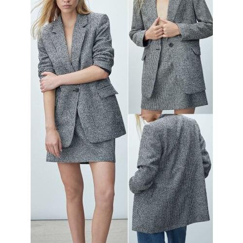 2021 Fall New Womens Commuter Style Houndstooth Plaid Suit Jacket and Simple Fashion Houndstooth Plaid Skirt Half-length